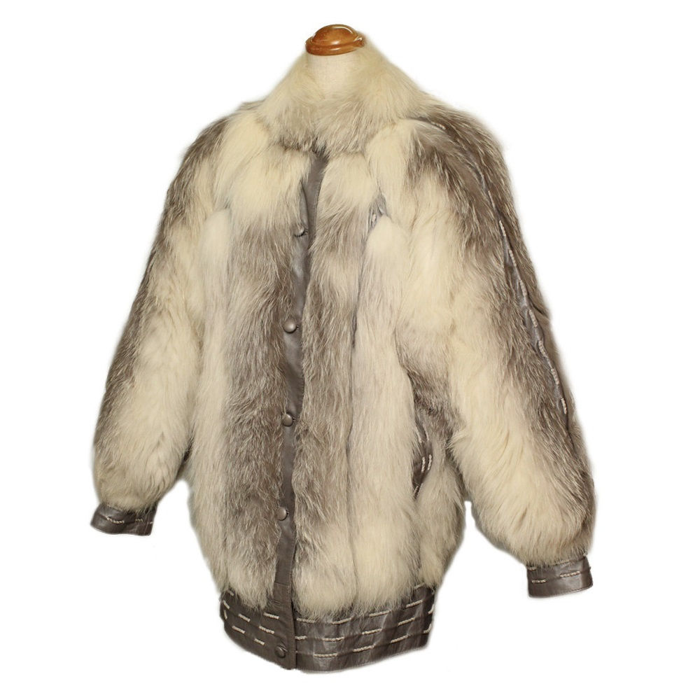 毛皮 コート レディース フォックス レザー ホワイト/シルバーグレー Sサイズ