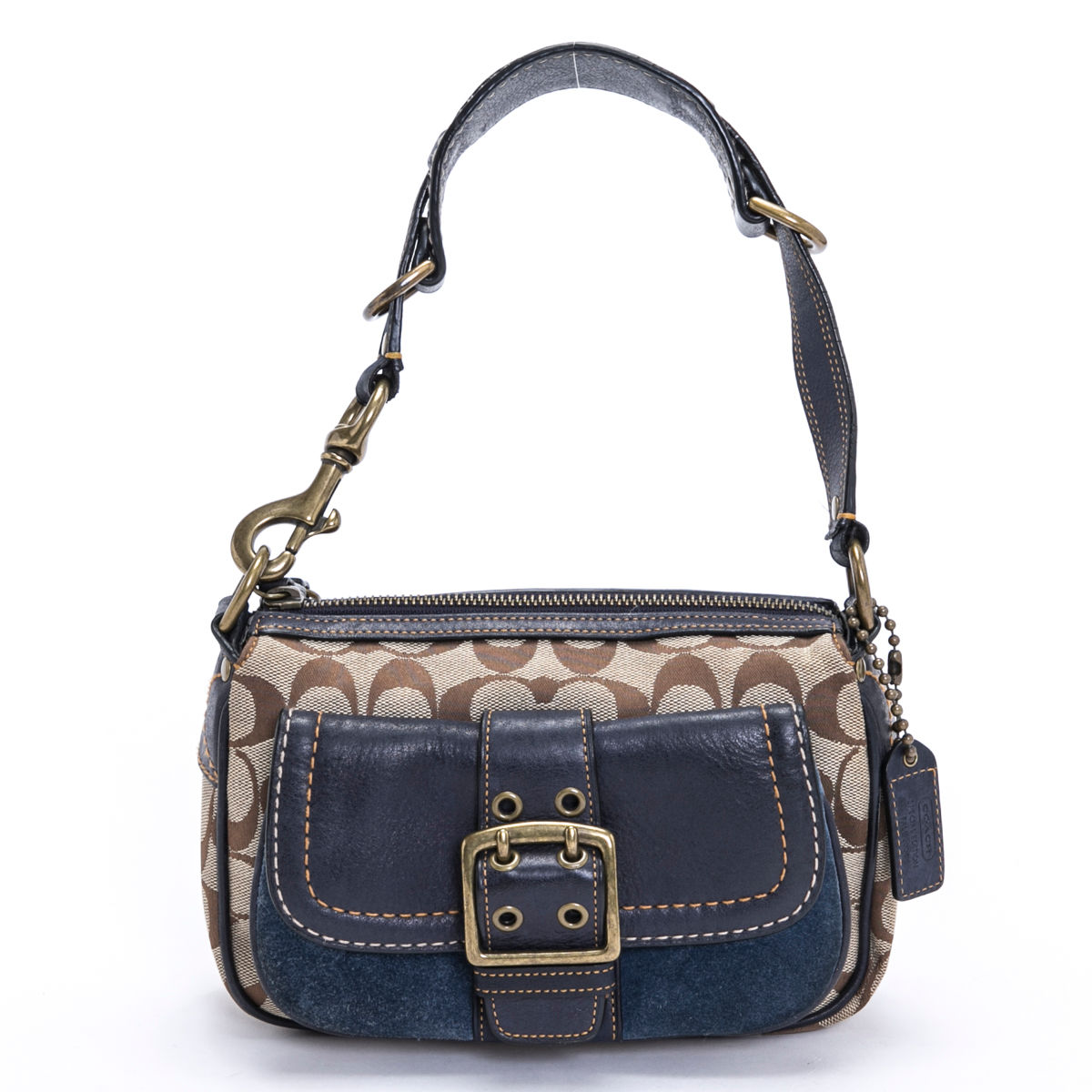 コーチ バッグ シグネチャー セミショルダー C04U-7064 ベージュ×ネイビー(紺)×ゴールド金具 キャンバス×レザー COACH