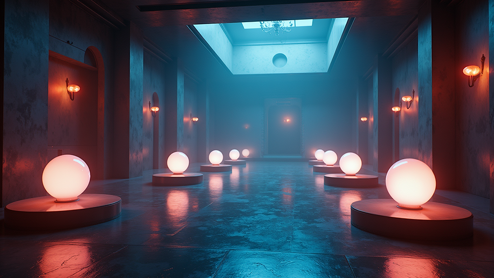 Eye-level view of Sabrina's Gym interior with floating platforms and glowing orbs