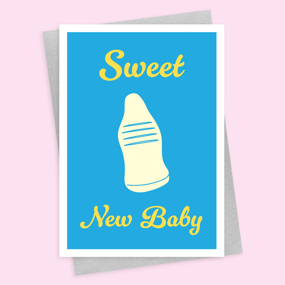 Blue greeting card with a baby bottle and text 'Sweet New Baby'
