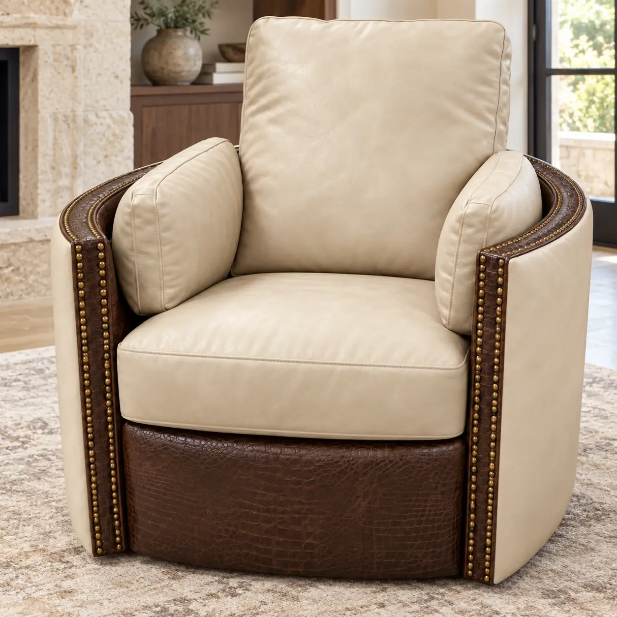 Legacy Ivorycrest Swivel Recliner — custom leather finish visualization in a contemporary room