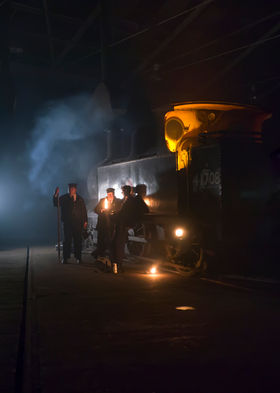 Group of railway workers around steam locomotive at Barrow Hill Roundhouse