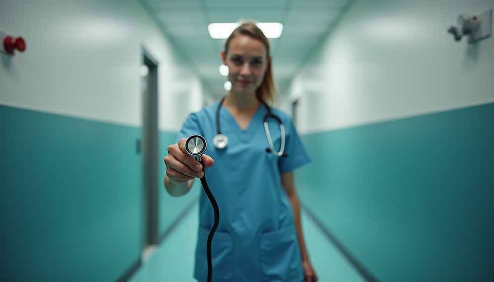 Eye-level view of a nurse holding a stethoscope in a hospital corridor