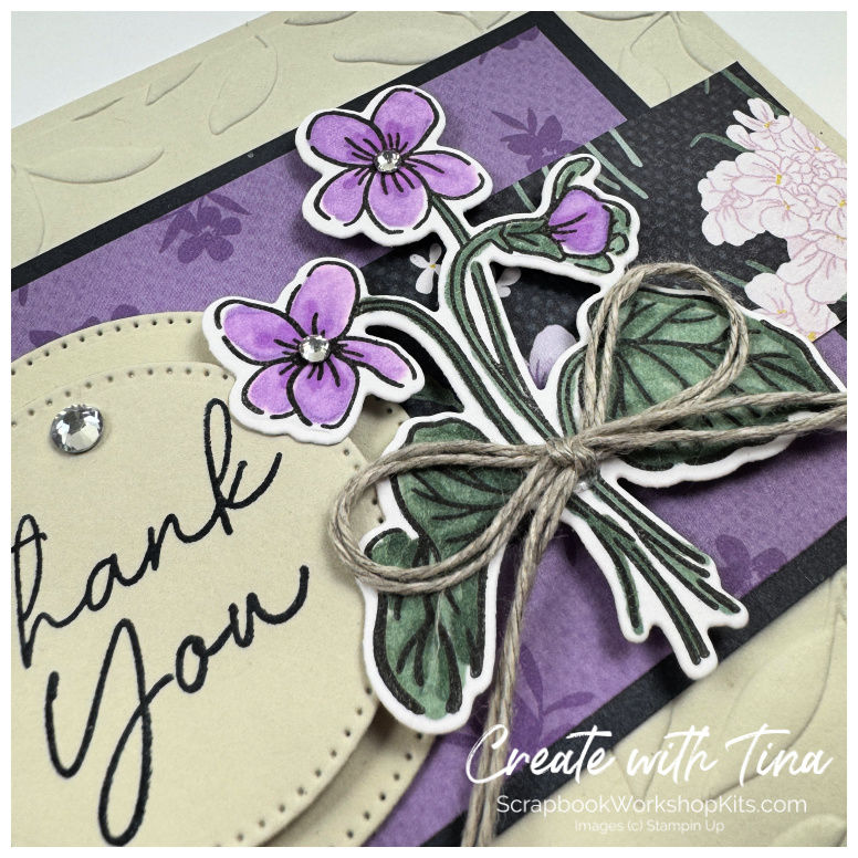 Close-up of a Stampin' Up! Framed Violets thank you card with layered purple violets.