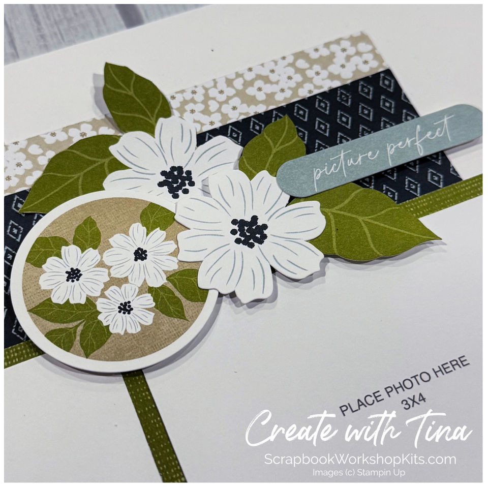 Sneak peek scrapbook layout featuring soft elegant color palette with floral designer paper and cardstock layers