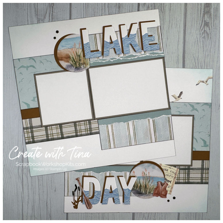 Lake-themed scrapbook layout featuring layered title accents, outdoor lake imagery, plaid patterns, and summer colors from th