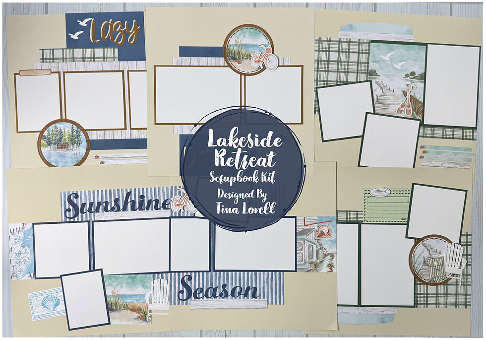 Stampin’ Up! Lakeside Retreat pre-cut scrapbook kit featuring 6 outdoor-themed scrapbook pages with lake, summer, and travel-