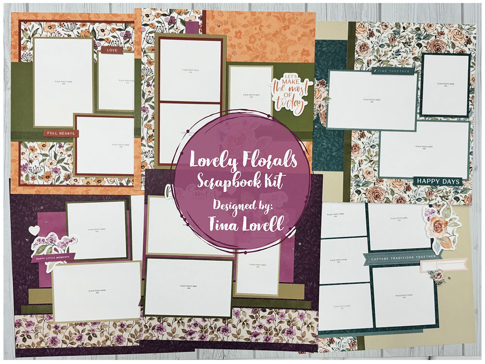 Lovely Florals Scrapbook Kit – set of 6 pre-cut 12x12 scrapbook layouts with floral papers, stickers, and embellishments.