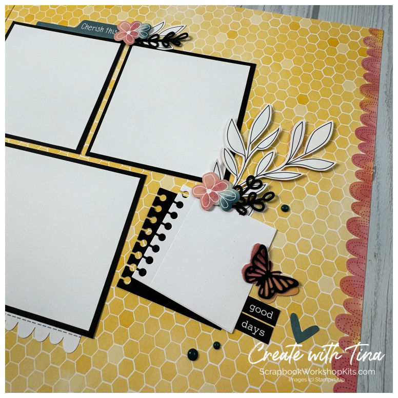 Close-up of Beautiful Ordinary Life scrapbook layout with yellow honeycomb patterned paper, butterfly embellishment, layered