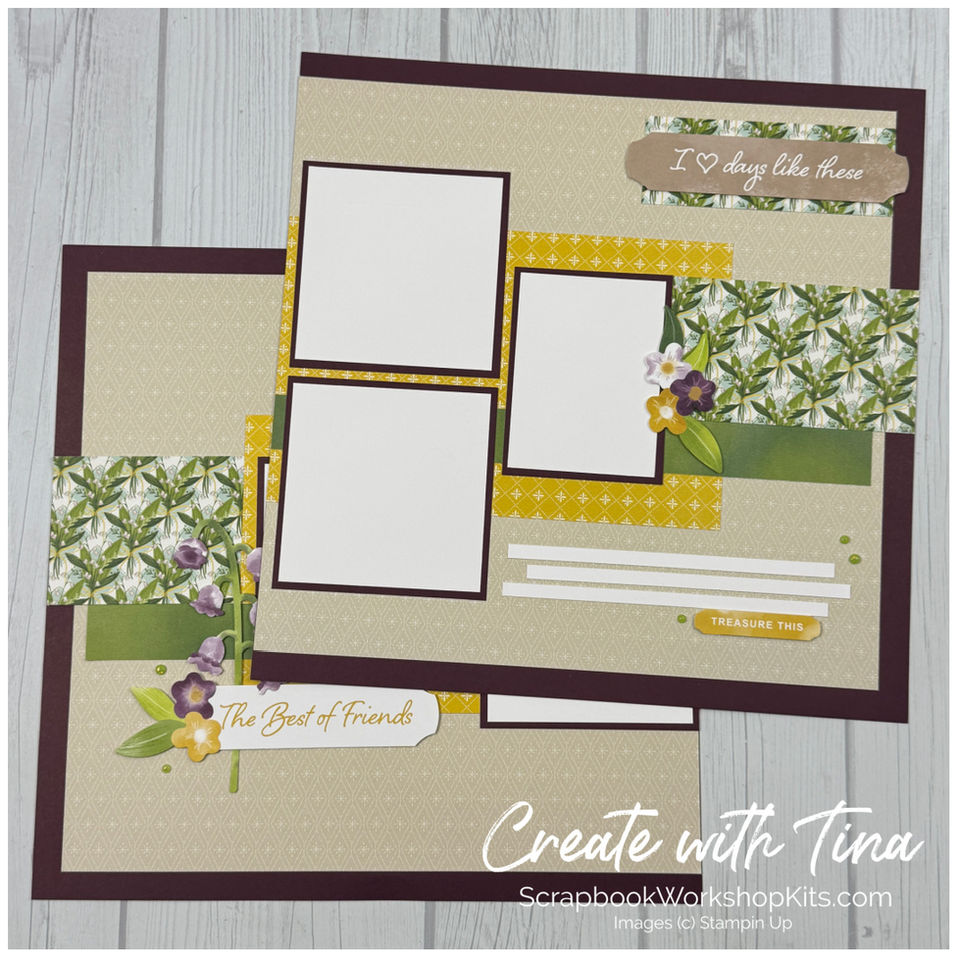 Valley In Bloom scrapbook layout with Blackberry Bliss photo mats, floral paper, and flower embellishments.