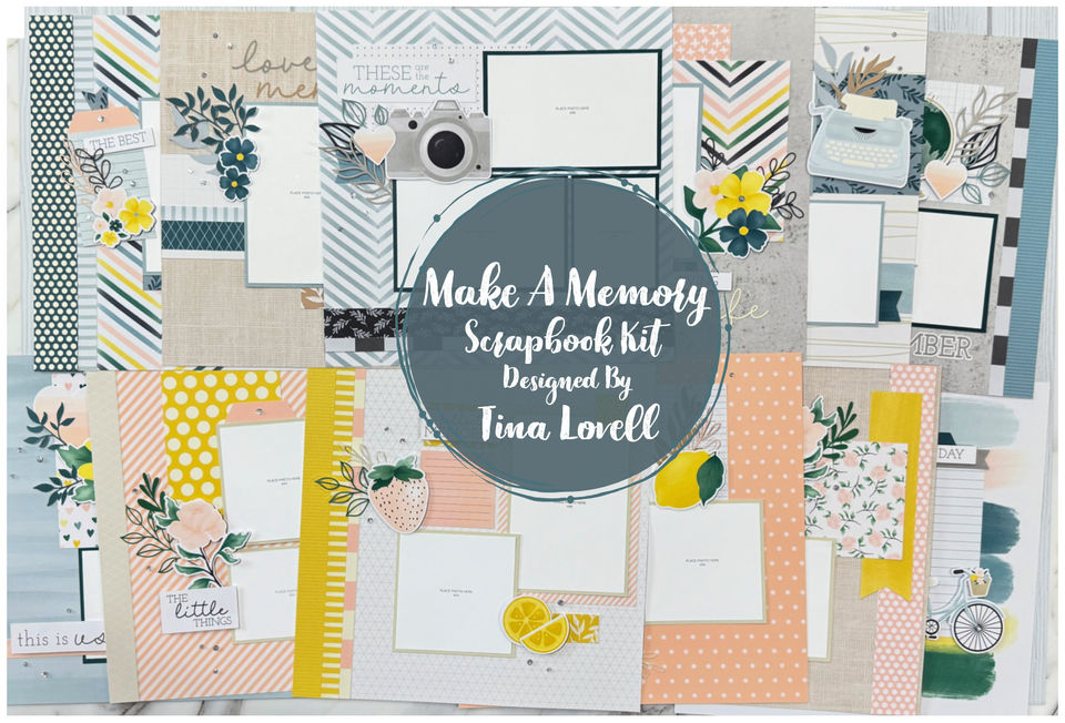 Collage photo of all 12 layouts in the Make A Memory kit with a title.
