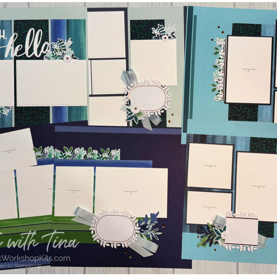 Overview collage of Watercolor In Bloom scrapbook pages with navy and green florals