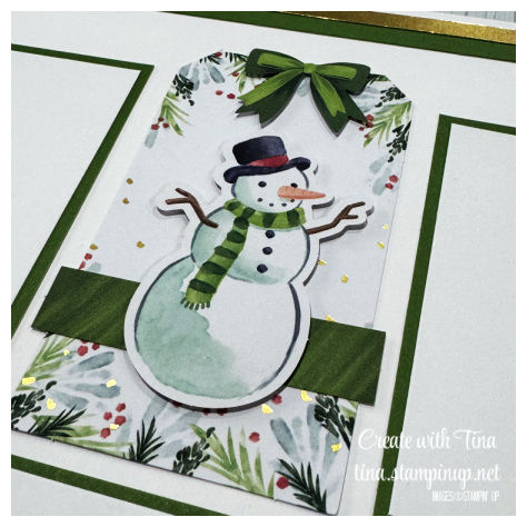 Christmas scrapbook layout in green and gold colors with Snowmen, Pine Boughs and Holly