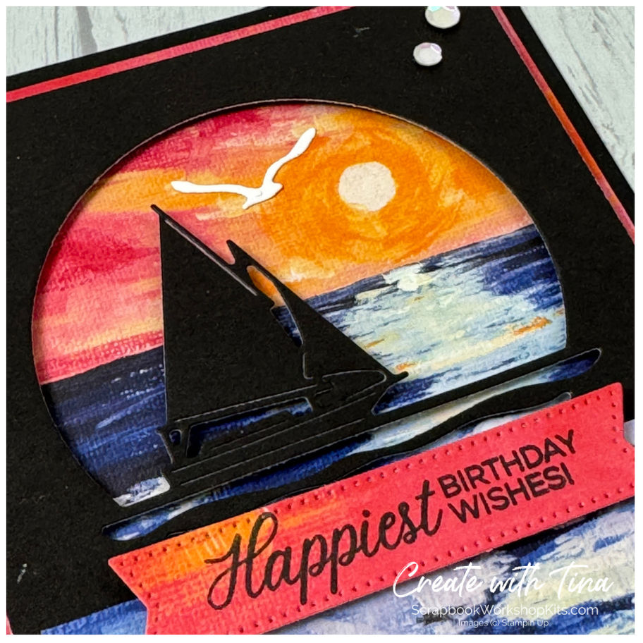 Close-up of handmade sunset sailboat card from Sunset Coast cardmaking tutorial featuring Scenic Coast DSP, bold blended sky,