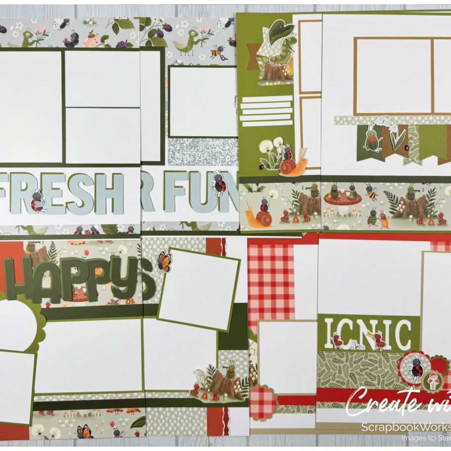 Cute As A Bug scrapbook tutorial PDF showing all eight 12x12 coordinated layouts designed with Stampin’ Up products in earthy