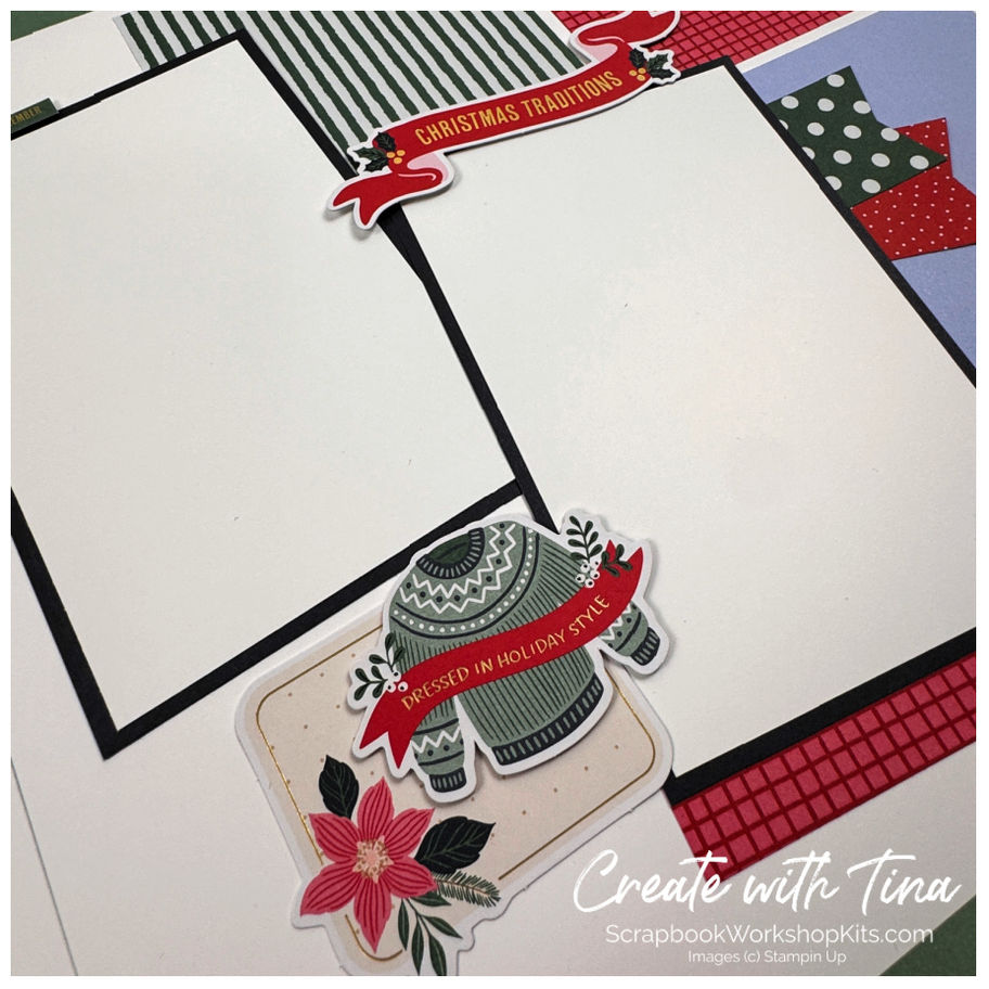 Christmas scrapbook layout with large photo mats, a “Christmas Traditions” title and festive sweater and poinsettia ephemera.