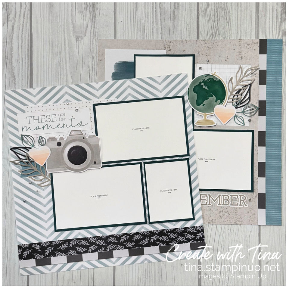 Layout in light blues, teal and grey with a large camera die cut and a title that says THESE ARE THE MOMENTS