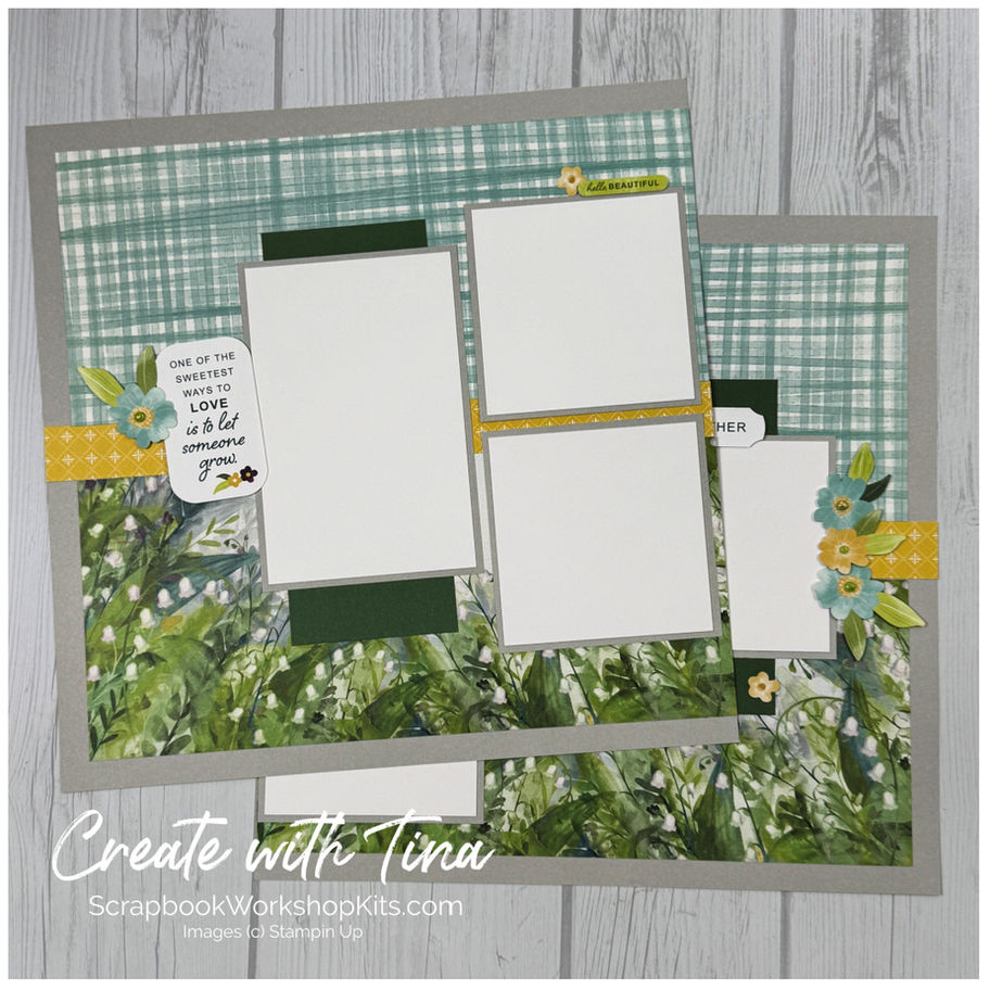 Valley In Bloom scrapbook layout with plaid patterned paper, floral accents, and multiple photo mats.