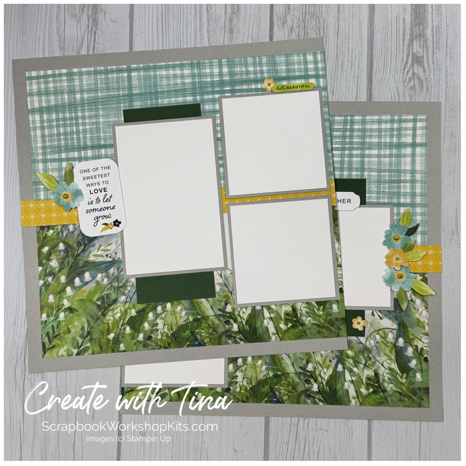Valley In Bloom scrapbook layout with plaid patterned paper, floral accents, and multiple photo mats.