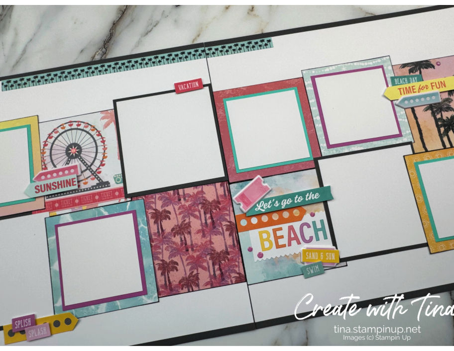 Colorful summer scrapbook layout with bold title and coordinated beach-themed embellishments