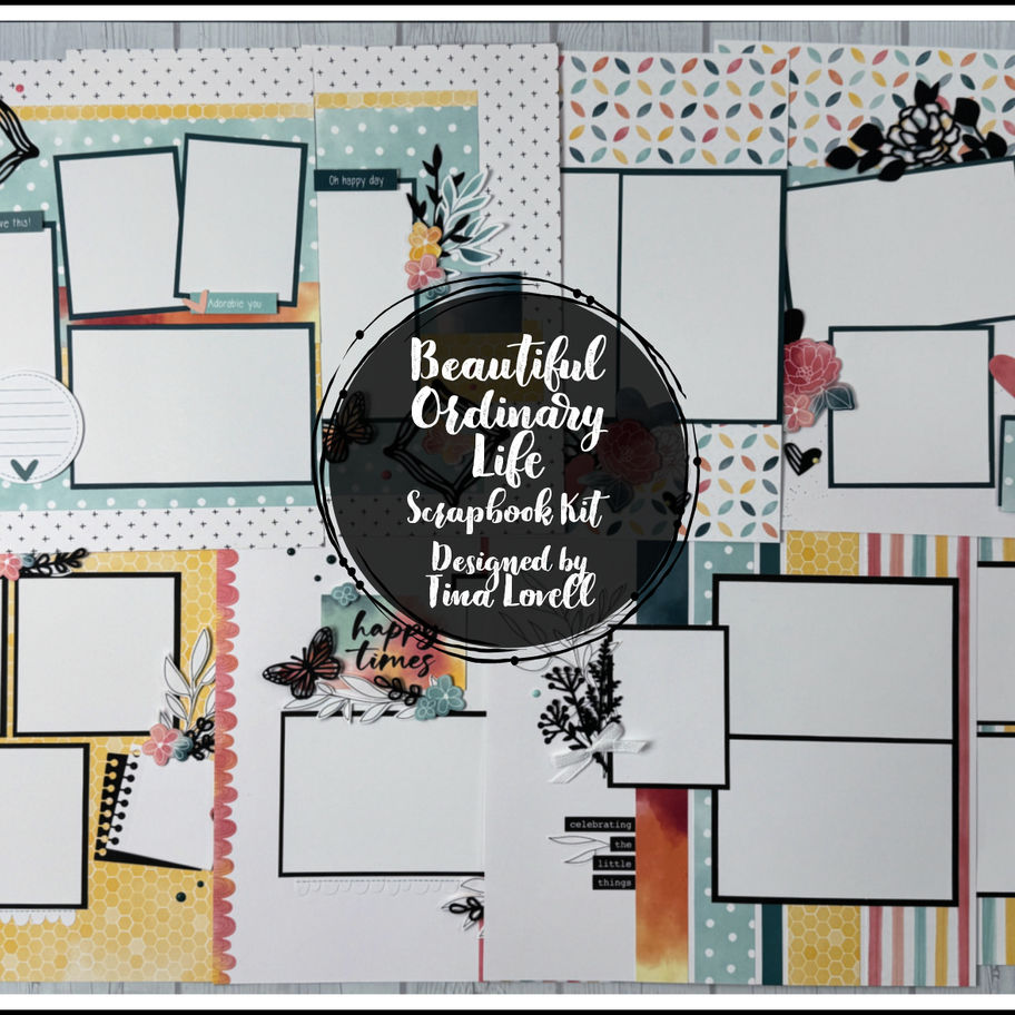 Collage of eight Beautiful Ordinary Life scrapbook layouts featuring floral embellishments, butterflies, pastel patterned pap