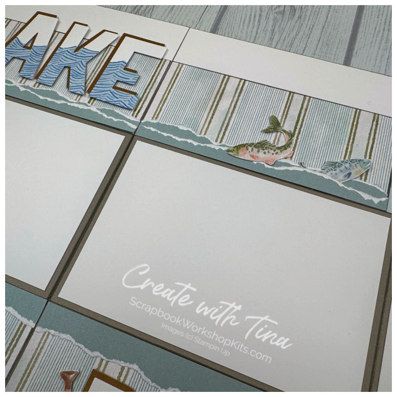 Close-up of lake-themed scrapbook layout with fish embellishments, striped paper, and layered summer details