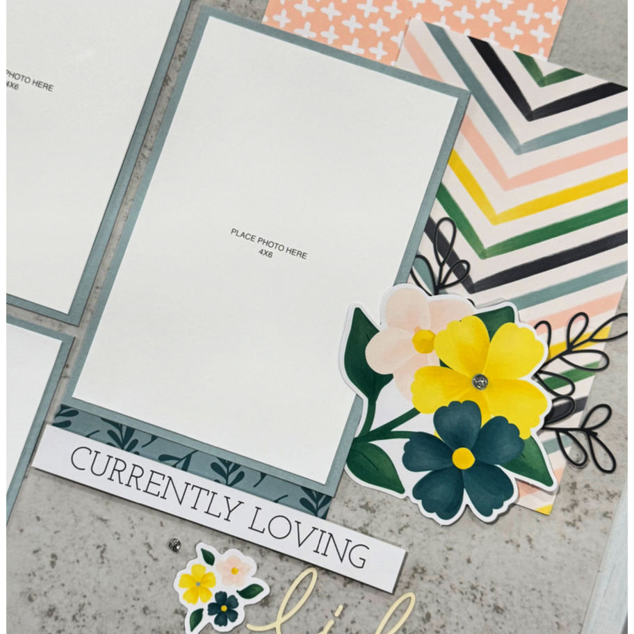 Make A Memory scrapbook tutorial close-up with floral embellishments, “currently loving life” title, and layered photo mat