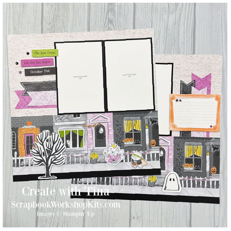 Pre-cut scrapbook kit with Halloween-themed paper, embellishments, and photo mats.