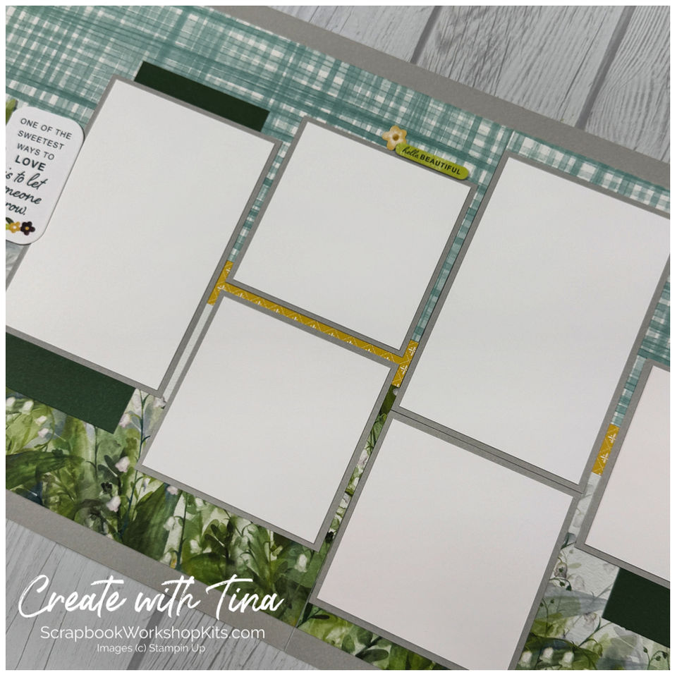 Valley In Bloom scrapbook layout with plaid patterned paper, floral accents, and multiple photo mats for memories.