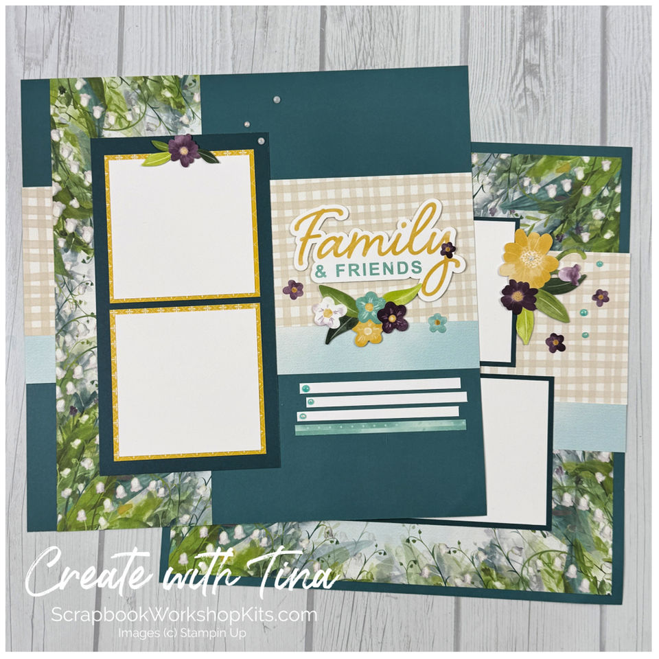 Valley In Bloom scrapbook layout with Family & Friends title, floral paper, and layered flower embellishments.