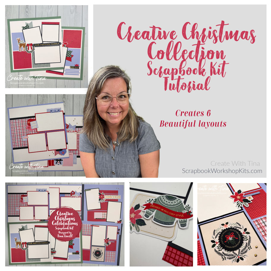 Creative Christmas Celebrations Scrapbook Tutorial by Create With Tina featuring six 12x12 Christmas layouts made with Stampi