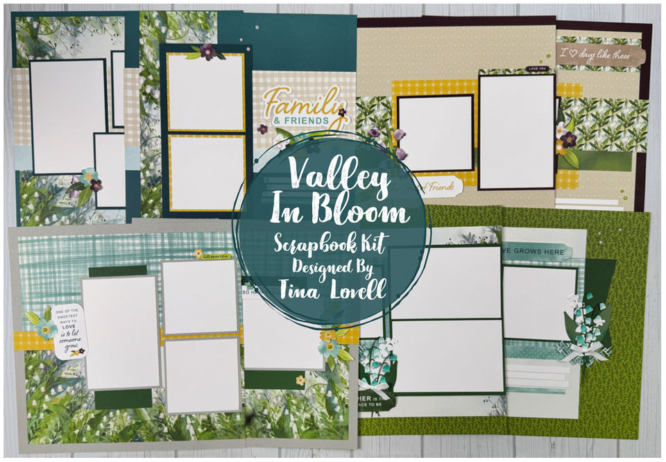 Valley In Bloom scrapbook kit featuring four floral scrapbook layouts, photo mats, and flower embellishments.