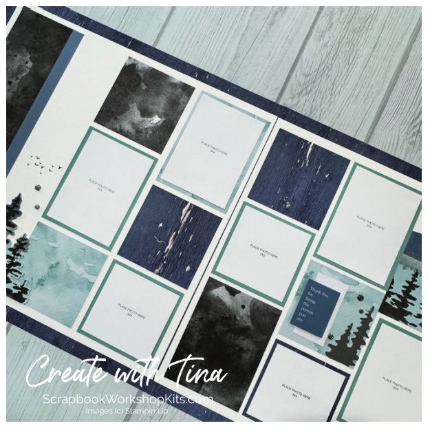 Close up of Layout with a dark blue base, and scenes of trees, mountains and water.