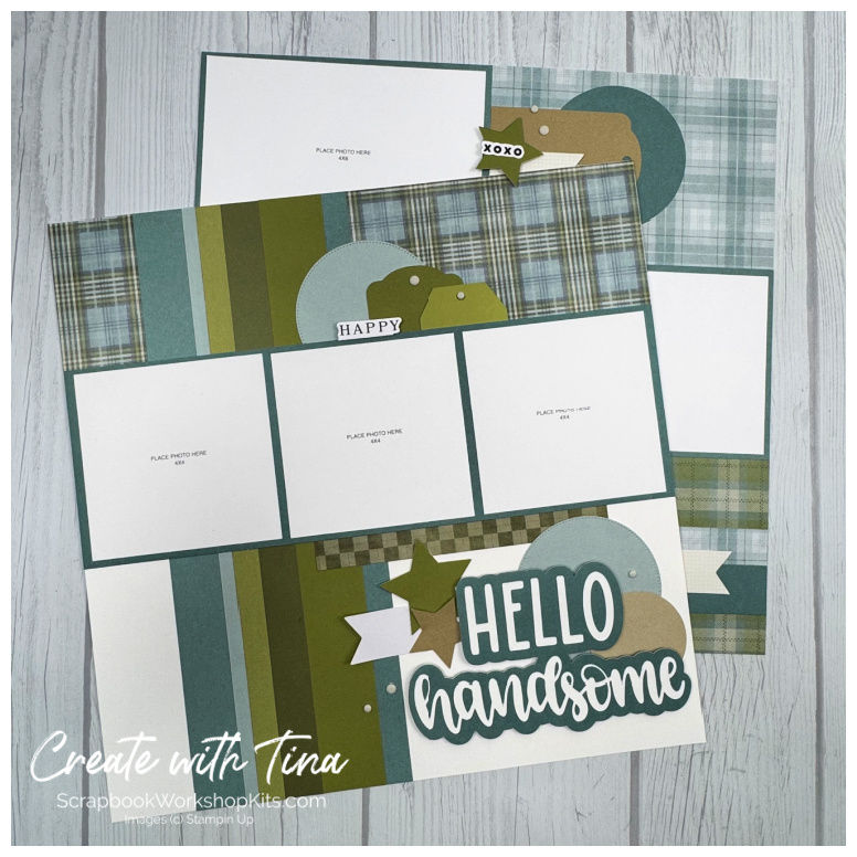 12x12 masculine scrapbook layout using Timeless Plaid DSP with clean layers for boy or dad photos
