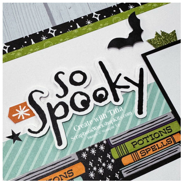 So Spooky” two-page Halloween scrapbook layout with photo placeholders.