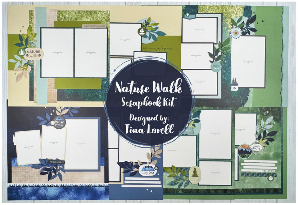 Group shot of Nature Walk scrapbook layouts showing 12x12 designs with coordinating patterned papers and embellishments.