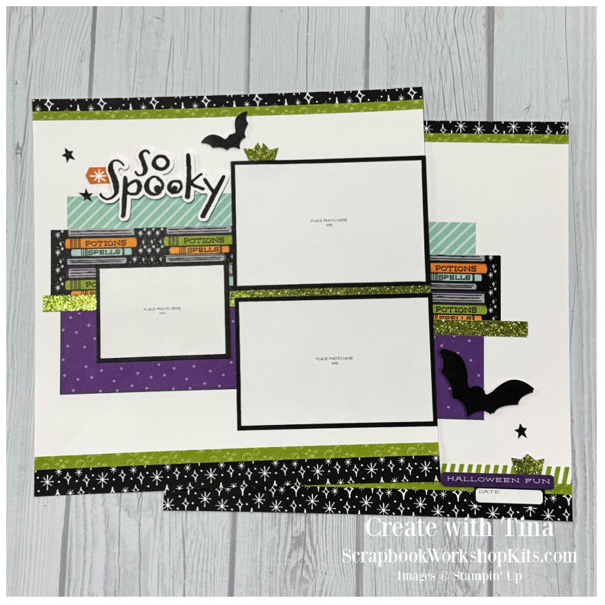 Fun layered Halloween scrapbook page with spider web detail and bats.