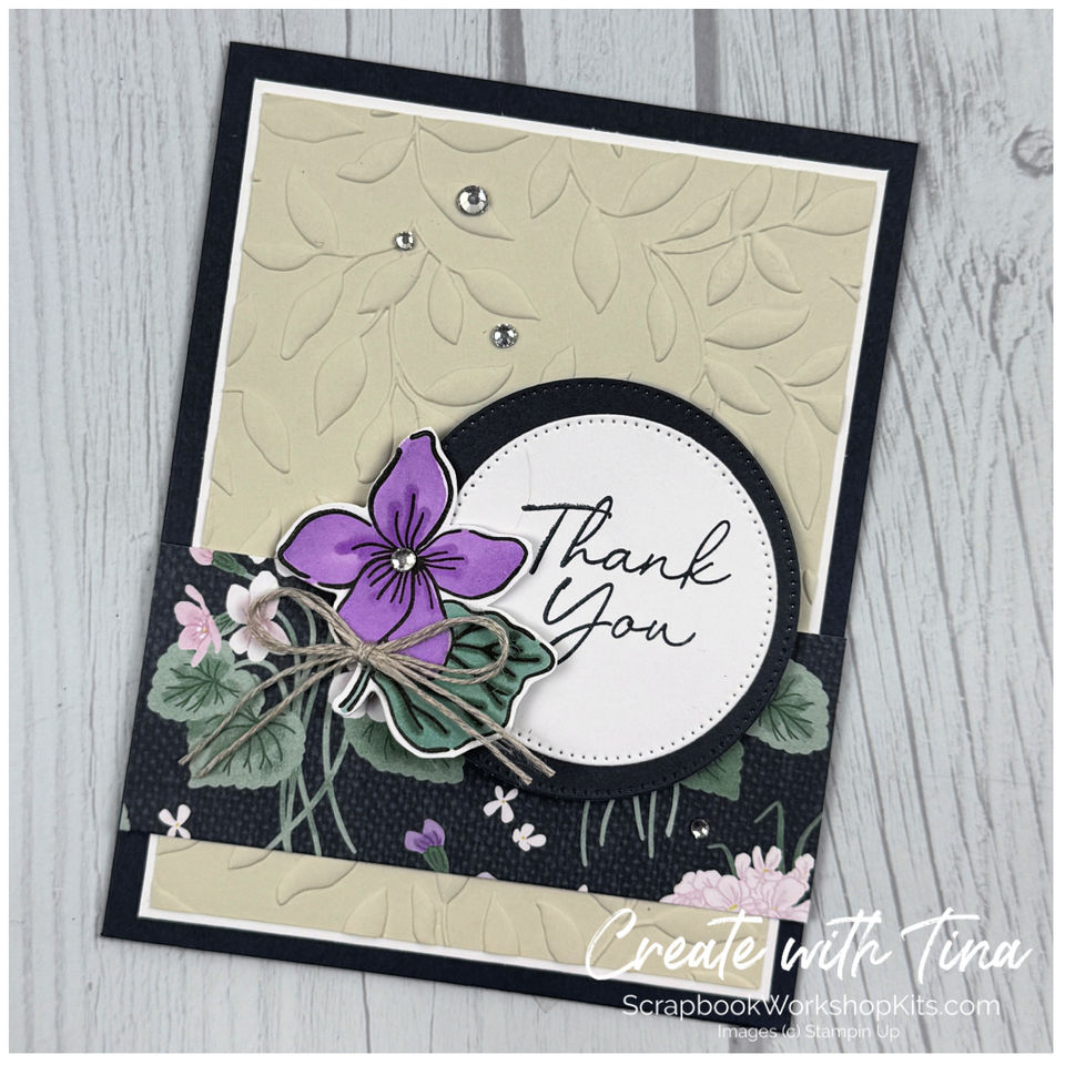Stampin' Up! Framed Violets card featuring a thank you sentiment and layered flower.