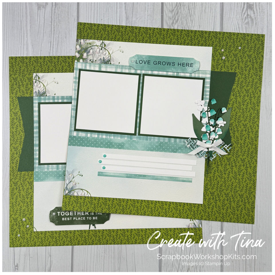 Valley In Bloom scrapbook layout featuring lily of the valley die cuts, photo mats, and journaling strips.