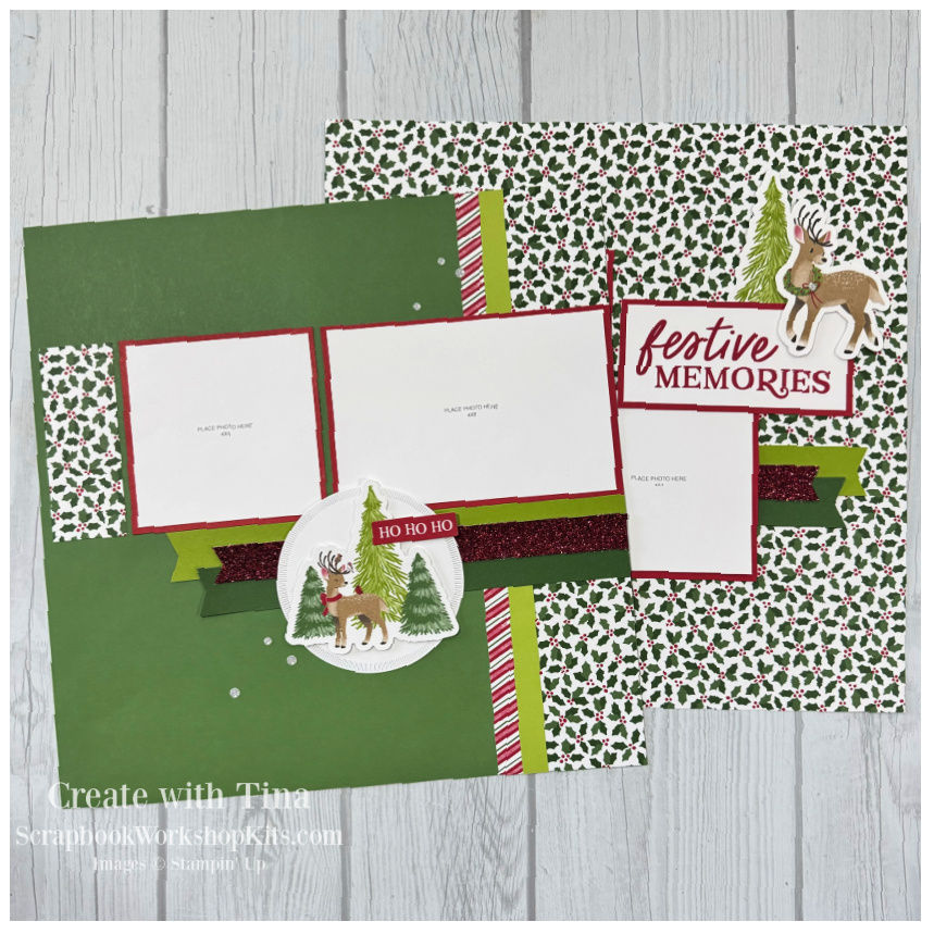 2 page christmas layout in dark and light green with Christmas Trees and Reindeer
