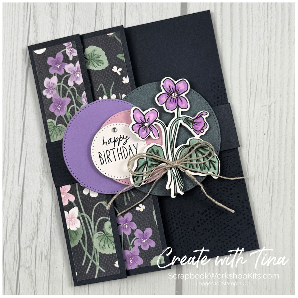 Stampin' Up! Framed Violets fun fold birthday card with layered purple flowers.