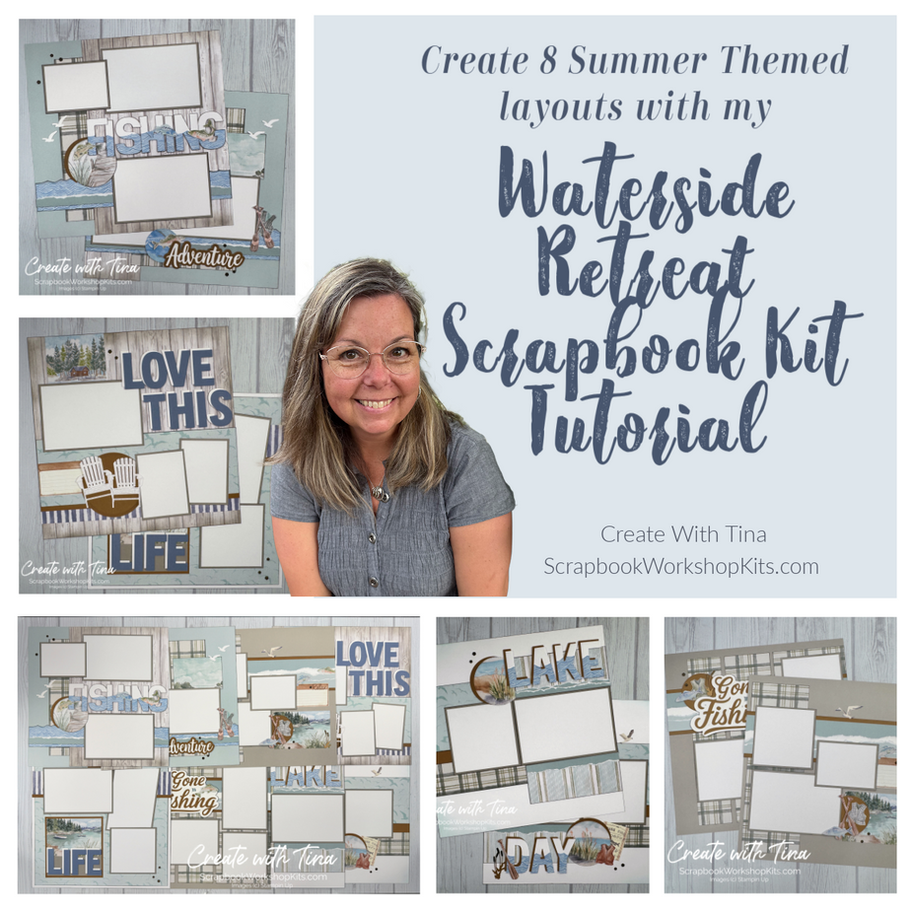 Promotional collage for the Waterside Retreat Scrapbook Kit PDF Tutorial featuring summer-themed scrapbook layouts created wi
