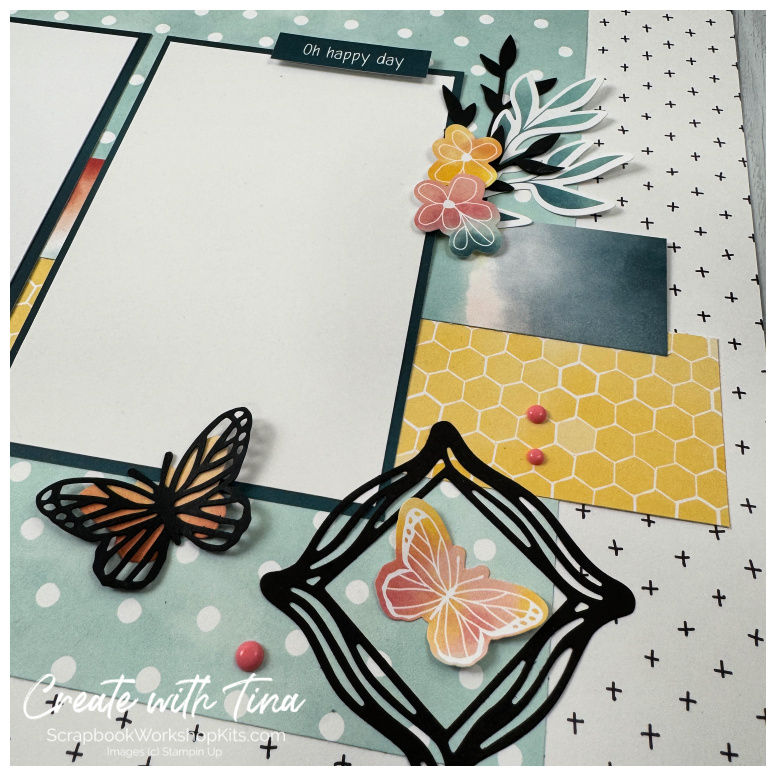 Close-up of Beautiful Ordinary Life scrapbook layout featuring butterfly embellishments, floral die cuts, layered patterned p