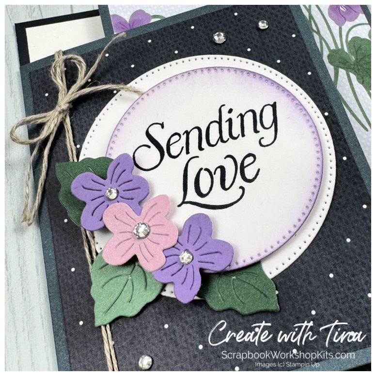 Close-up of a Stampin' Up! Framed Violets handmade card with Sending Love greeting.