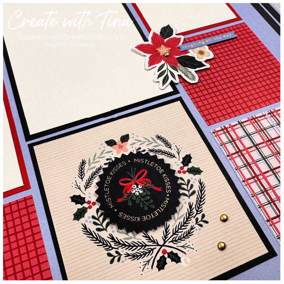 Christmas scrapbook page detail with a mistletoe wreath, poinsettia ephemera, plaid paper and gold embellishments.