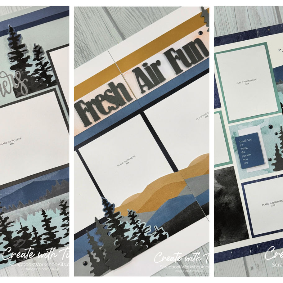 Collage image showing close ups of all 3 layouts in the Mountain Majesties kit