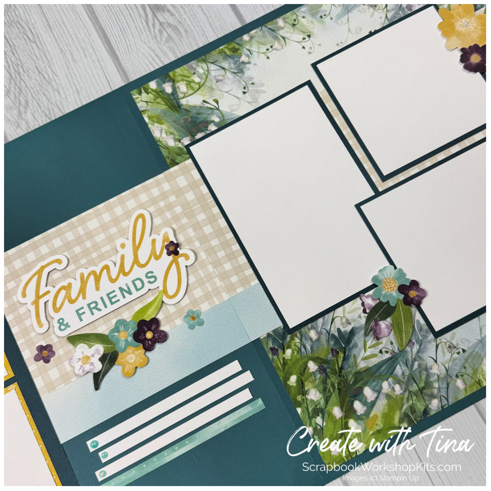 Valley In Bloom scrapbook layout with Family & Friends title, floral paper, photo mats, and flower embellishments.