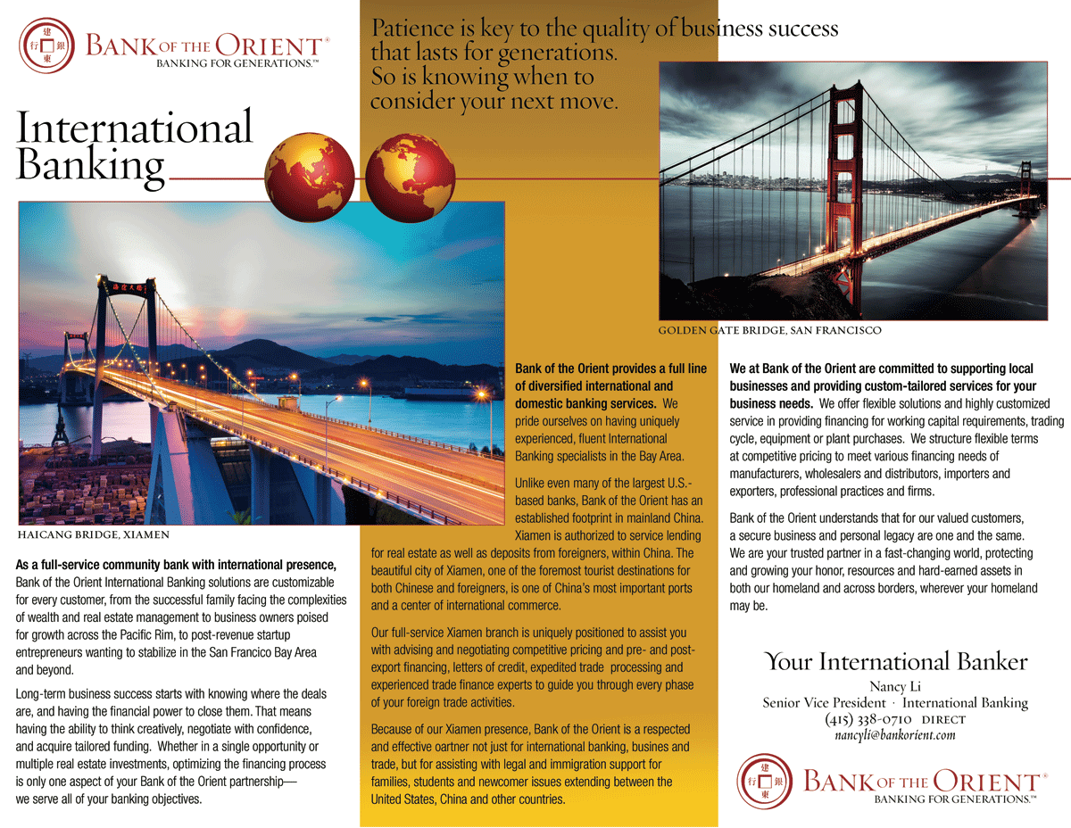 BANK OF THE ORIENT International Banking, trifold brochure