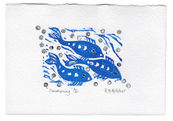 Swimming Linocut.| Liz Kelleher
"Swimming"
A relief print
This lino cut is part of a group of four, originally designed to print randomly or together creating larger images on paper.
The fish were designed with no dominant dorsal fins so that they could be printed swimming in any direction. Again the dots were printed individually using the end of a cotton bud.