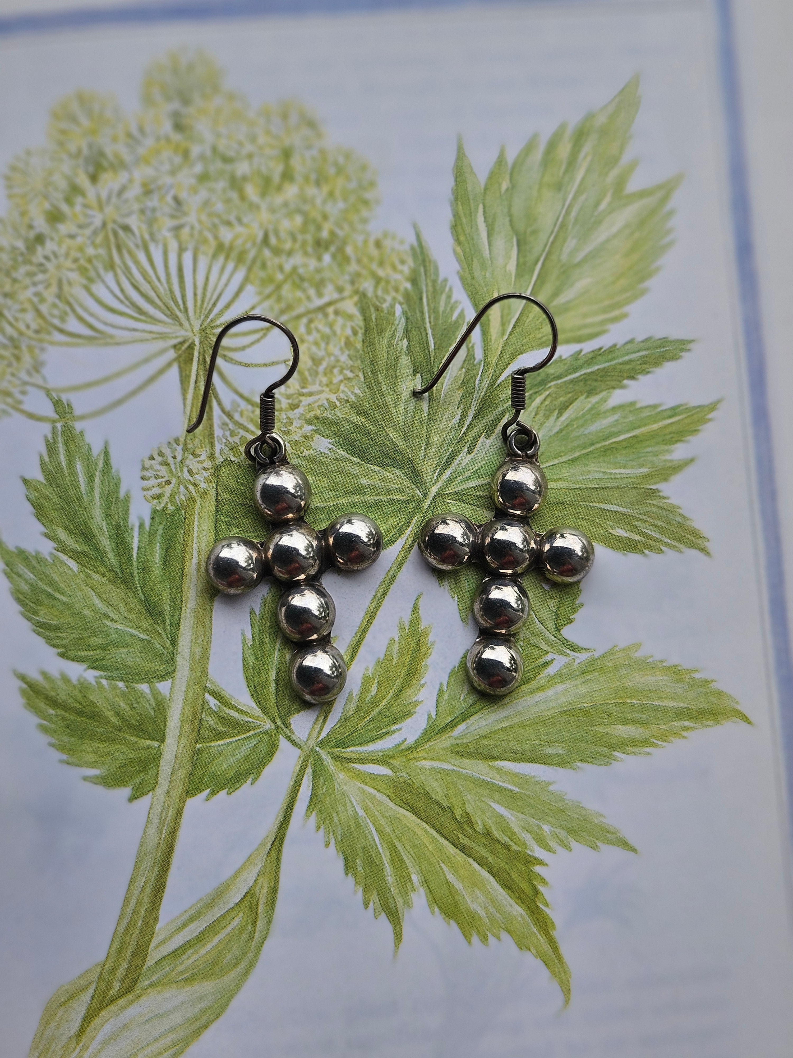 Vintage Sterling Bubble Cross Dangle Earrings
